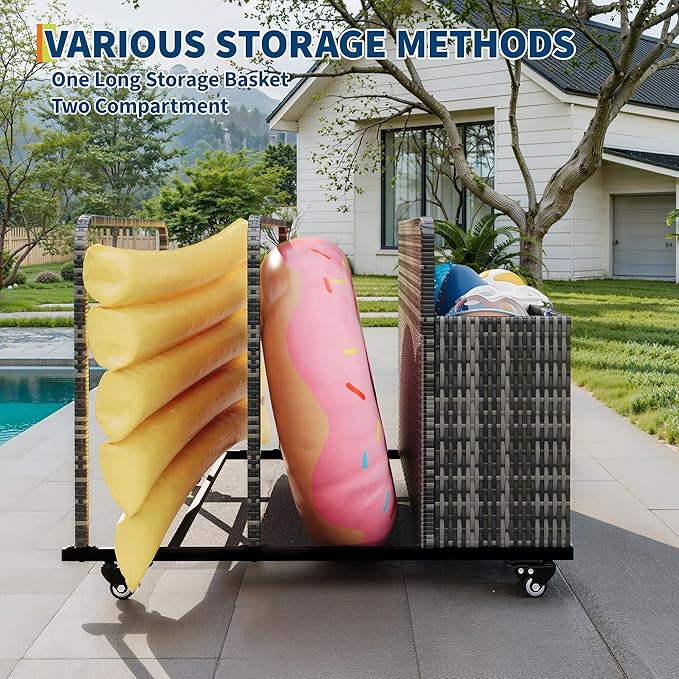 Pool Float Storage Organizer with Rolling Wheels, Outdoor Wicker Rattan Pool Caddy & Toy Storage Basket, All-Weather PE Rattan Holder for Pool Noodles, Life Vests, Beach Balls, Equipment, Patio Deck