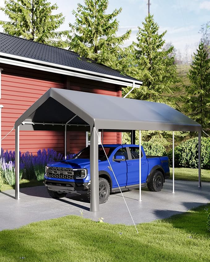 10X20Ft Heavy Duty Carport, Portable Heavy Duty Garage Shelter with Powder Coated Steel Frame, Waterproof UV-Resistant Triple-Layer Tarp, Garage Tent for Cars, Trucks and Boats, Grey