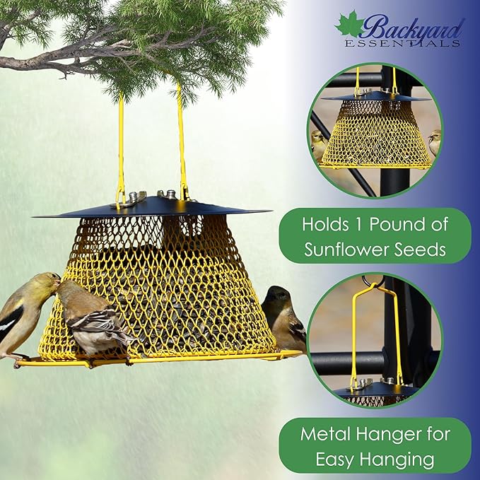 Small Collapsible Mesh Feeder - Yellow and Black Hanging Bird Feeder - Holds 1lb of Sunflower Seeds