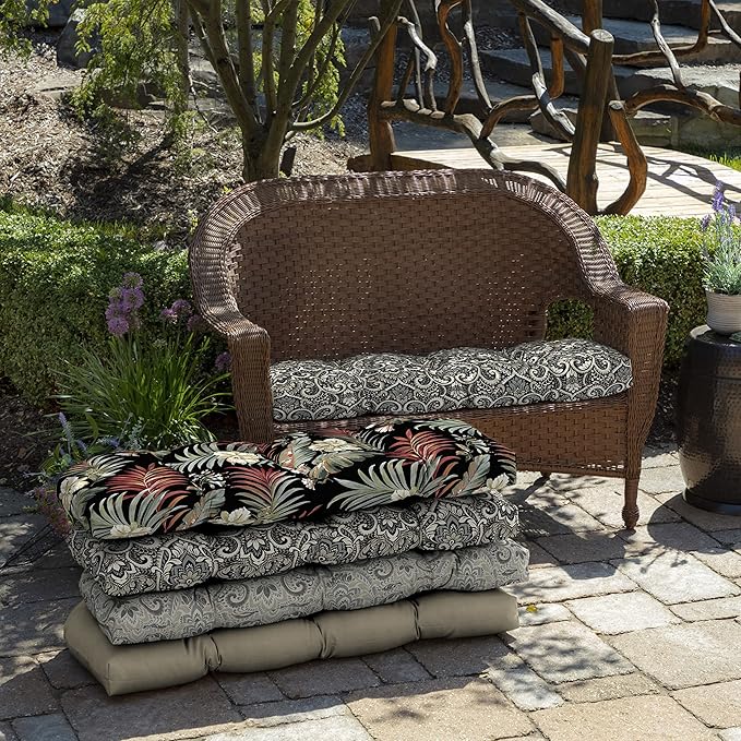Arden Outdoor Wicker Settee Cushion, 41.5 x 18, Rain-Proof, Fade Resistant Black Aurora Damask