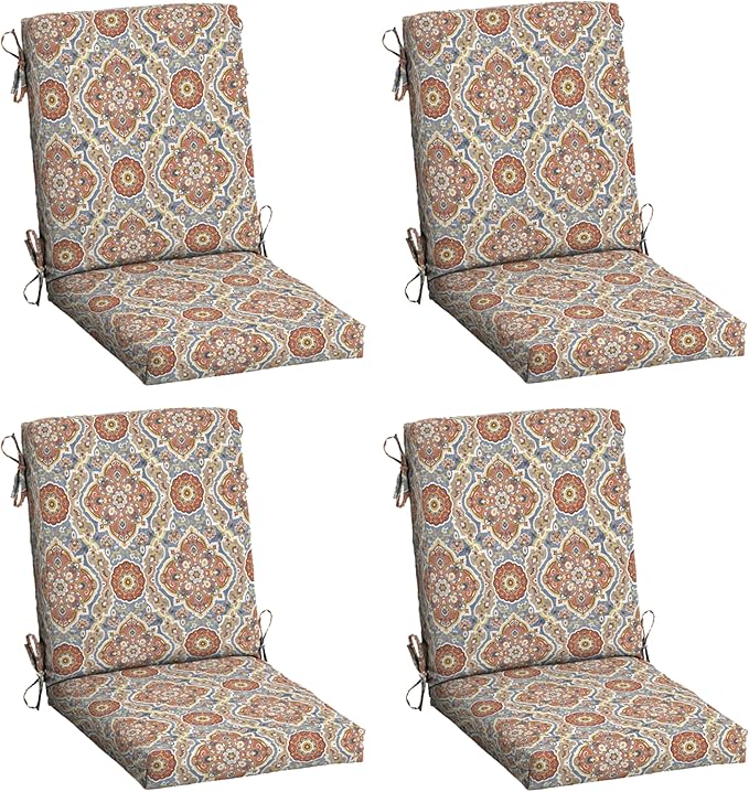 Arden 4-Pack Outdoor Patio Dining Chair Cushion, 20x44, Rain-Proof Seat Pad, Fade-Resistant Outdoor Cushion Global Vintage Medallion