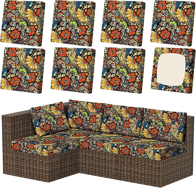8Pcs Patio Stretch Cushion Covers, Outdoor Couch & Sofa Replacement Slipcovers for Patio Furniture Cushion Covers, Washable Reusable Furniture Protector, Square Large, Art Flower