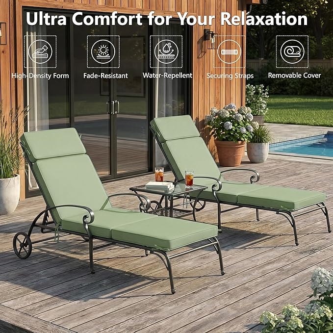 80 x 26 Inch Outdoor Chaise Lounge Cushions Set of 2 - Removable Cover, 4-Section Design, Water-Repellent & Fade-Resistant, 6 Tie Straps, Replacement for Patio & Pool Chairs - Sage Green