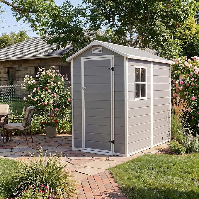 Resin Outdoor Storage Sheds 4x6 ft, Upgraded Double-Wall Outdoor Plastic Shed with Window & Double Doors, Waterproof Lockable Garden Shed (Light Gray, 4 X 6 ft)