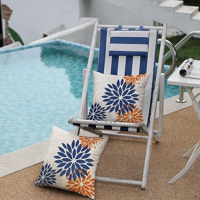 DFXSZ Blue Orange Outdoor Flower Pillow Covers 20x20 Inch Set of 2 White Colored Throw Pillows Outdoor Waterproof Decor for Living Room Sofa Patio Funiture Garden Floral Polyester pillow covers 002C20