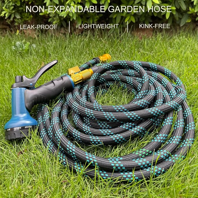 Garden Hose Non-Expandable 75 ft, Lightweight Flexible Water Hose with 10 Function Spray Nozzle, Outdoor Leak Proof, Kink-Free, Portable Hose for Yard, Lawn, Camper, High-Density Fabric, Black Blue