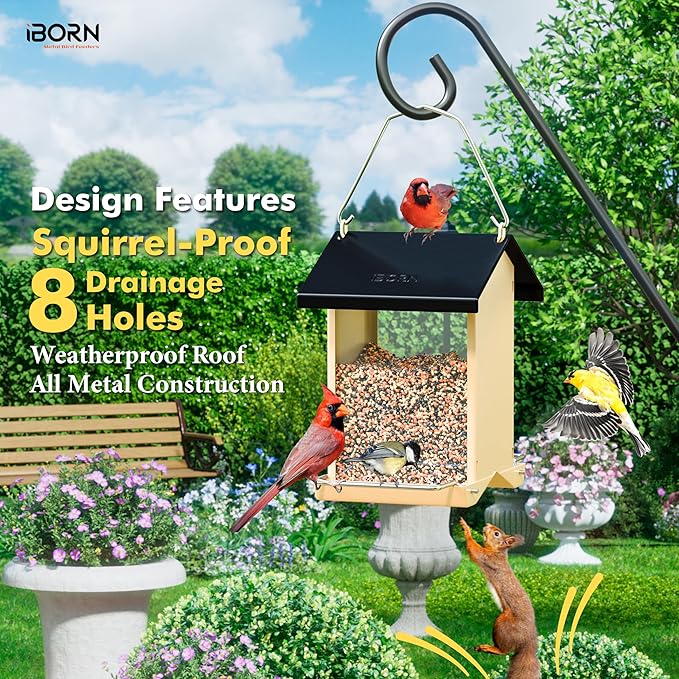 iBorn Bird Feeders for Outdoors,Bird Feeder with Weatherproof Metal Roof & 8 Drain Holes,Fully Detachable Birdfeeder Design,Easy Clean & Refill,Chew-Proof PC Windows,3.2 Lbs Capacity,Black Roof
