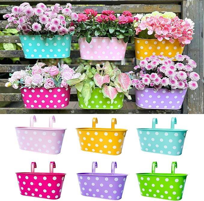 LaLaGreen Rail Planter (17 Inch, 6 Pack) Colorful Polka Dot Hanging Flower Pots Railing Fence Balcony Gardening for Apartment Patio Planters Iron Garden Outdoor Deck Decoration Porch Decor