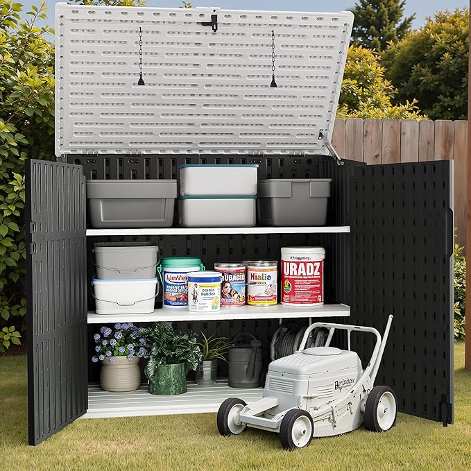 TUOZE 34 Cu Ft Resin Storage Shed with 2 Shelves, Waterproof Outdoor Storage Cabinet with Sloping Roof & Lockable Lid for Garden Tools, Trash Cans (Black)