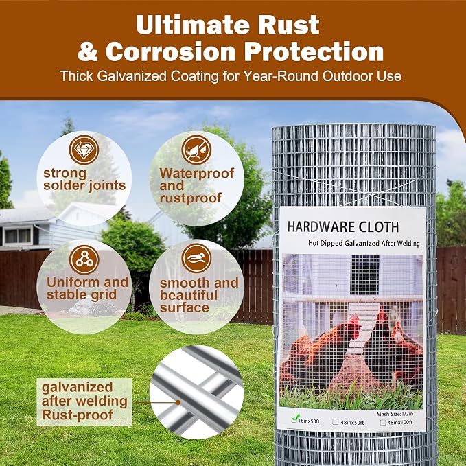 Chicken Wire Fencing Hardware Cloth 1/2 inch 19 Gauge Rust-Resistant Mesh Roll with Snips/Gloves for Chicken Coop/Vegetable/Garden/Plants/Poultry Enclosures/Tree/Gutter Guards 16 inch x 50 ft