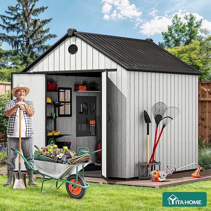 YITAHOME 8X8 ft Outdoor Plastic Storage Shed with Floor, 16mm Extra Thick Waterproof Garden Shed with Vision Window, Lockable Door & Vents, Heavy Duty Tool Storage for Patio, Lawn Mower, Bike, Gray