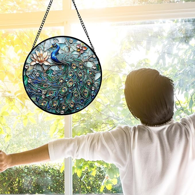 DASTOLL Stained Glass Window Hanging, Blue Peacock Decoration Suncatcher for Door Garden Home Flower Bird Sun Catchers Christmas Mother's Day Birthday Gifts for Women Men Mom Nana Friend 6.3 in