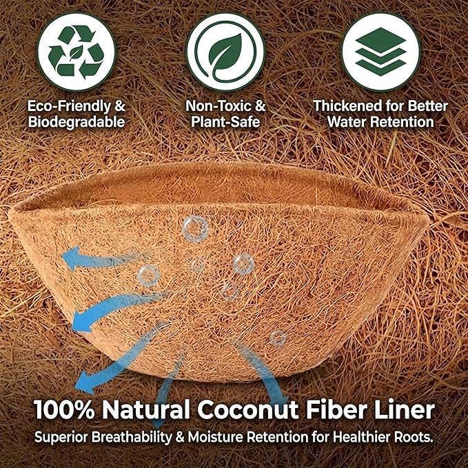4 Pack 12 Inch Metal Hanging Planter Basket，Natural Round Coconut Hanging Plant Flower Pot，Coconut Coir Planter for Hanging Basket Flowers/Vegetables Home Garden Patio Decoration Flower