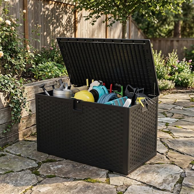 120 Gallon Resin Deck Box, Waterproof & Lockable Patio Storage Box with Hydraulic Lid for Outdoor Garden Tools, Pool Accessories & Cushions