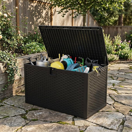 120 Gallon Resin Deck Box, Waterproof & Lockable Patio Storage Box with Hydraulic Lid for Outdoor Garden Tools, Pool Accessories & Cushions