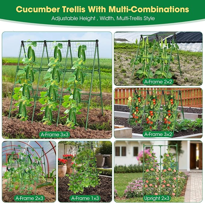 51" x 53" Cucumber Trellis for Raised Bed, A-Frame Garden Trellis for Climbing Plants Outdoor, Rust-Proof Metal Support for Tomato, Peas, Beans, Zucchini & Vines, with Netting & Clips