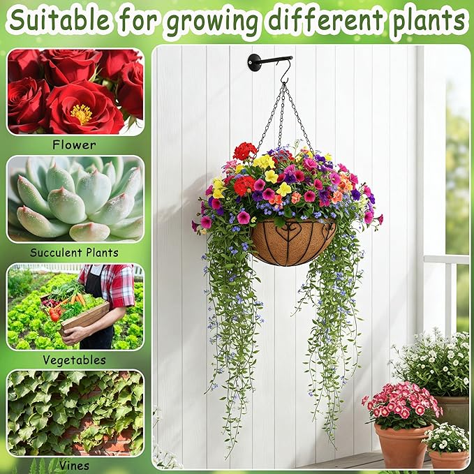4pcs 16 inch Metal Hanging Baskets Round Wire Plant Stand with Coco Lining Cushion Decorative Planter Hanger Garden Indoor Outdoor Watering Hanging Basket （AX）