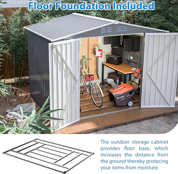 KEIKI Storage Shed 8x6 FT, Large Metal Tool Shed for Outdoor Storage, Galvanized Steel Garden Shed with Lockable Doors for Patio, Backyard, Lawn, Grey