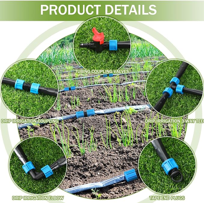 Tondiamo 500 ft 5/8 Inch Drip Tape Irrigation Tubing Kit 8 Mil 6" Spacing Hose Garden Landscape Irrigation System Automatic Equipment for Farms