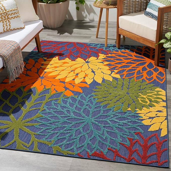 Nourison Home Aloha Indoor-Outdoor Navy Multicolor 6' x 9' Area Rug, Easy-Cleaning, Non Shedding, Bed Room, Living Room, Dining Room, Backyard, Deck, Patio (6x9)