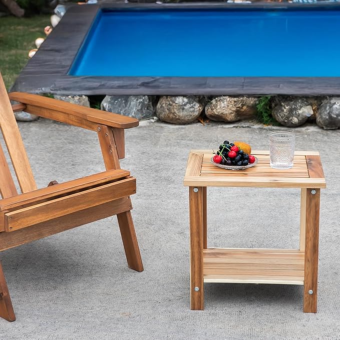 VICTORY RELAX Solid Acacia Wood Side Table with 2-Tier Storage, Weather-Resistant Outdoor Indoor End Table, Light Natural Rustic Color Night Stand