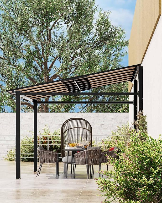 GarveeLife 10 ft x 14 ft Lean to Gazebo, Hardtop Wall Pergola with Polycarbonate Roof, Aluminum Frame Slant Mounted Gazebo for Lawn Patio Deck Yard and Party