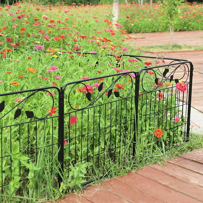 FOREHOGAR Decorative Metal Garden Fence 24in(H) X10ft(L) 5 Panels Leaf Black Rustproof Wire Border Fence for Landscape Patio Flower Bed Garden Fencing Panel Animal Barrier for Dogs