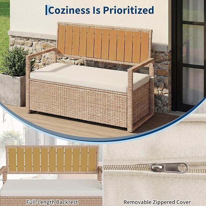 75 Gallon Outdoor Storage Bench, All-Weather PE Rattan Deck Box with Seat, Wicker Patio Furniture for Cushions, Garden Tools, Pool Accessories, Water-Resistant (Yellow Wicker & Beige Cushions)
