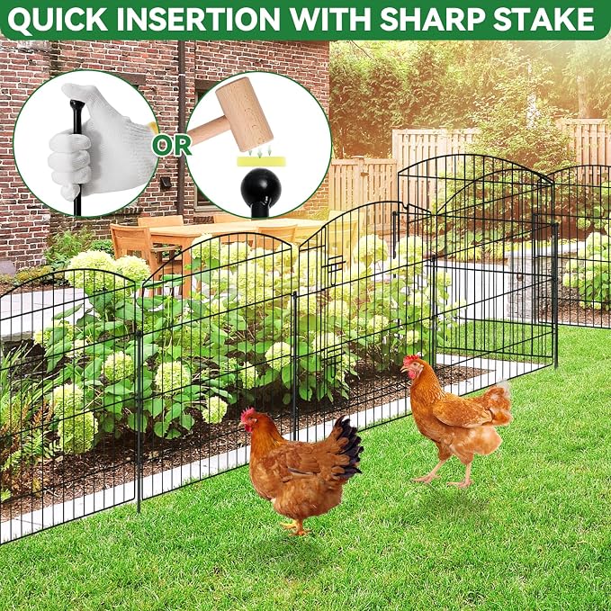 GOTGELI No Dig Decorative Garden Fence with Gate 32in(H) x 22ft(L), 9 Panels+1 Gate+11 Stakes, Rustproof Metal Animal Barrier, Temporary Dog Fencing Outdoor for Yard, Patio, Flower Bed, Landscape