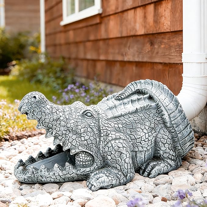 Teaeeno Alligator Decor Statue Gutter Downspout Extension Decorative,Crocodile Gutter Animal Statue Outdoor Decor,3"×4" Rain Gutter Downspout Splash Block,Garden Splash Block Outdoor Sculpture (Stone)
