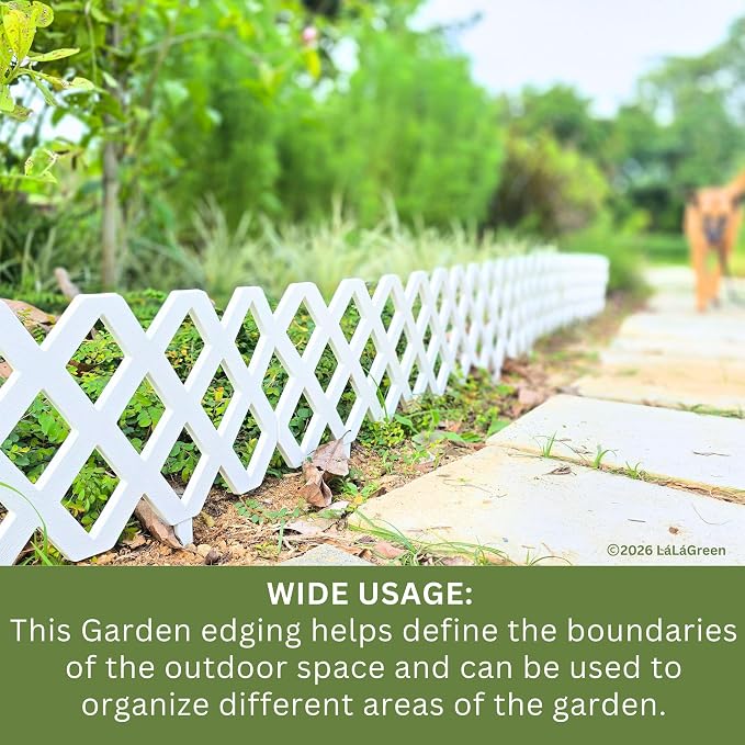 LaLaGreen Garden Edging Border (23x8.5 Inch, 10 Pack) White Plastic Fence Panels, Landscape Edging for Yard Lawn Patio Pathways Trees, Decorative Flower Bed Borders Outdoor Style Decor