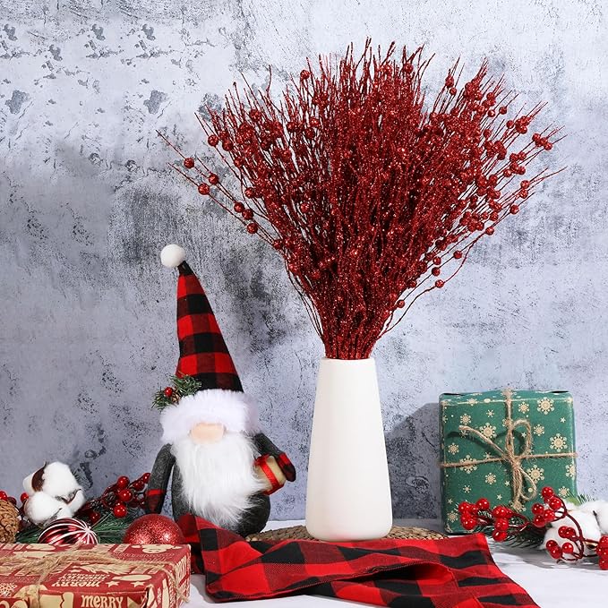 36 Pcs 17'' 15'' Christmas Artificial Glitter Berry Stems 4 Styles Xmas Decorative Tree Picks Branches Large Glittery Twigs for Christmas Tree Xmas Wreath Vase Filler(Red)