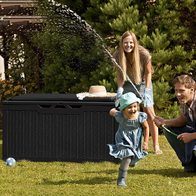 Greesum 100 & 31 Gallon Black Resin Deck Boxes for Patio Furniture, Garden Tools Storage