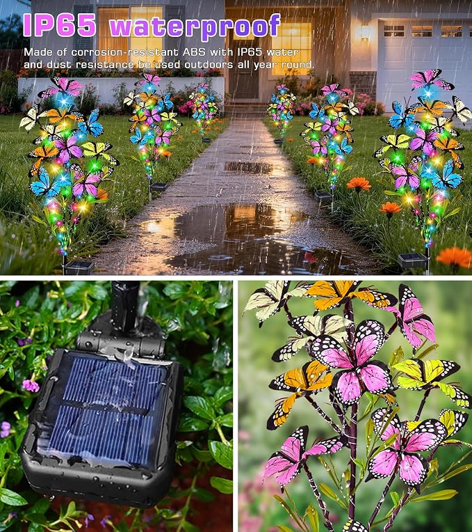 Solar Garden Lights Outdoor Waterproof Garden Decor, 4 Pack Upgraded 240 LED 54 Butterfly Colorful Outdoor Solar Decor for Yard Patio Gifts for Womens Mom