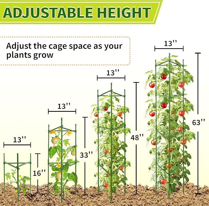 63-Inch Heavy Duty Tomato Cages, 8-Pack Extra Tall Metal Tomato Trellis, Steel Tube Plant Cage for Indeterminate Tomatoes, Cucumbers, Pole Beans – Rust-Proof Coated