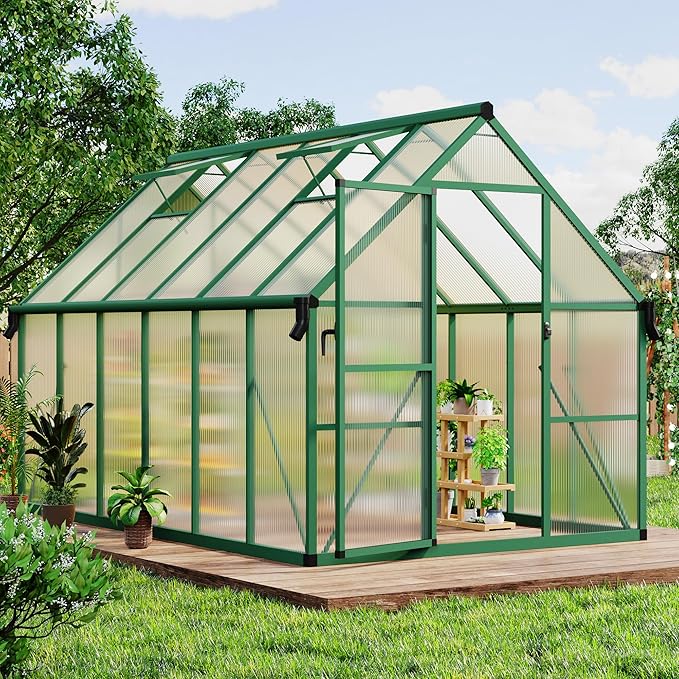CABIHOME 8x12 FT Outdoor Greenhouse, Polycarbonate Greenhouse with Roof Vent and Ground Nails, Aluminum Large Walk-in Green House w/ Lockable Push Door for Outside Garden Backyard (Green, 8x12 FT)