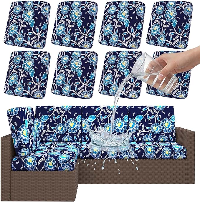 Smiry Waterproof Patio Cushion Covers, Stretch Outdoor Couch Slipcovers Replacement Washable Furniture Protector Sofa Chair Seat Cover for Dogs and Pets (8 Pcs, Midnight Blue)