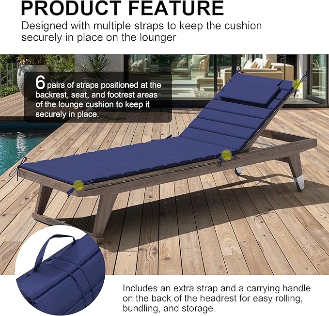 Crestlive Products Chaise Lounge Cushion Outdoor Set of 2, Foldable Waterproof Pool Lounge Chair Cushions with Straps, Lounger Cushions for Outdoor Furniture， 80''Lx26''W (Navy)