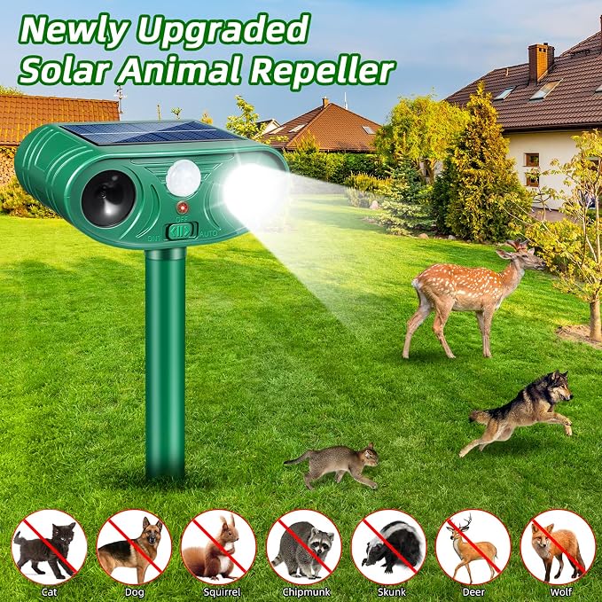 2026 Upgraded Solar Animal Repellent Outdoor 2 Pack – Ultrasonic Deer Deterrent Devices with Motion Sensor Strobe Light, IP65 Waterproof Cat Raccoon Rabbit Squirrel Repeller to Protect Yard Garden