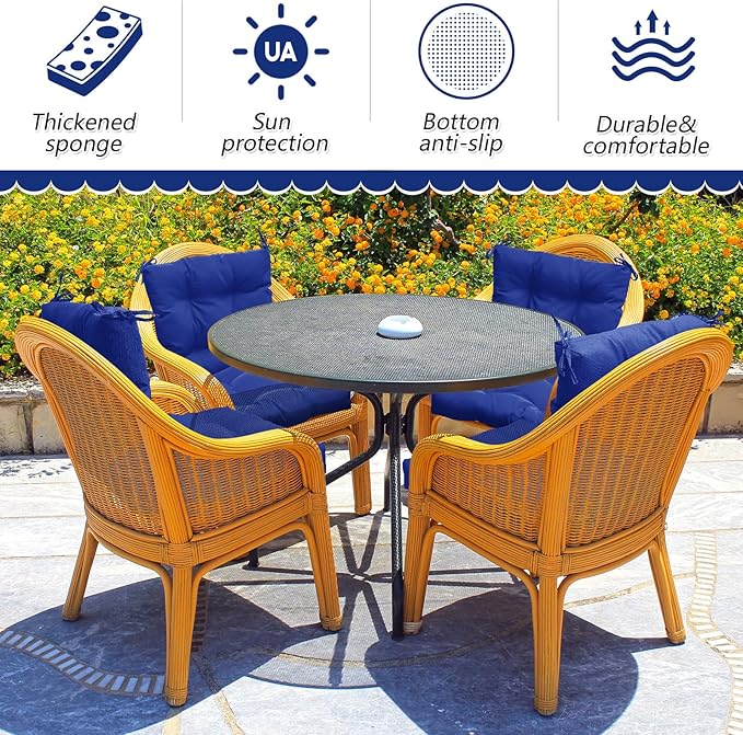 Marsui 6 Pcs Outdoor Indoor High Back Chair Cushions Patio Furniture Tufted Pillow with Ties Water-Resistant Replacement Outdoor Rocking Chair Cushions, 42 x 21 Inches (Navy Blue,Solid Color)