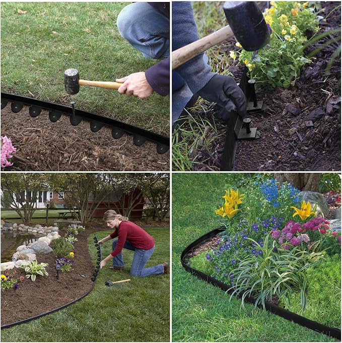 60 Ft Landscape Edging, Garden Edging with 54 Pcs Spikes, 2 in Tall Plastic Edging for Landscaping, No Dig Garden Border Edging, Landscaping Edging Border for Flowerbed Lawn Yard Grass, Black