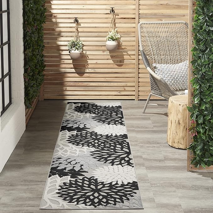 Nourison Home Aloha Indoor/Outdoor Black White 2'3" x 10' Area Rug, Tropical, Botanical, Easy Cleaning, Non Shedding, Bed Room, Living Room, Dining Room, Deck, Backyard, Patio (2x10)