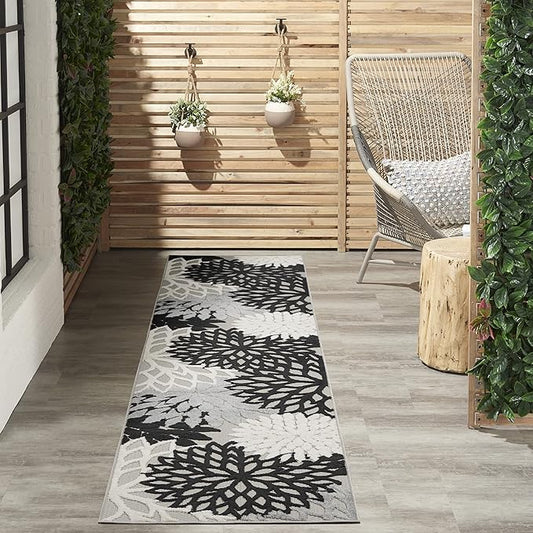 Nourison Home Aloha Indoor/Outdoor Black White 2'3" x 10' Area Rug, Tropical, Botanical, Easy Cleaning, Non Shedding, Bed Room, Living Room, Dining Room, Deck, Backyard, Patio (2x10)