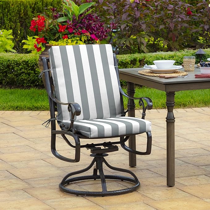 Arden Outdoor Patio Dining Chair Cushion, 20x44, Rain-Proof Seat Pad, Fade-Resistant Outdoor Cushion Stone Grey Cabana Stripe