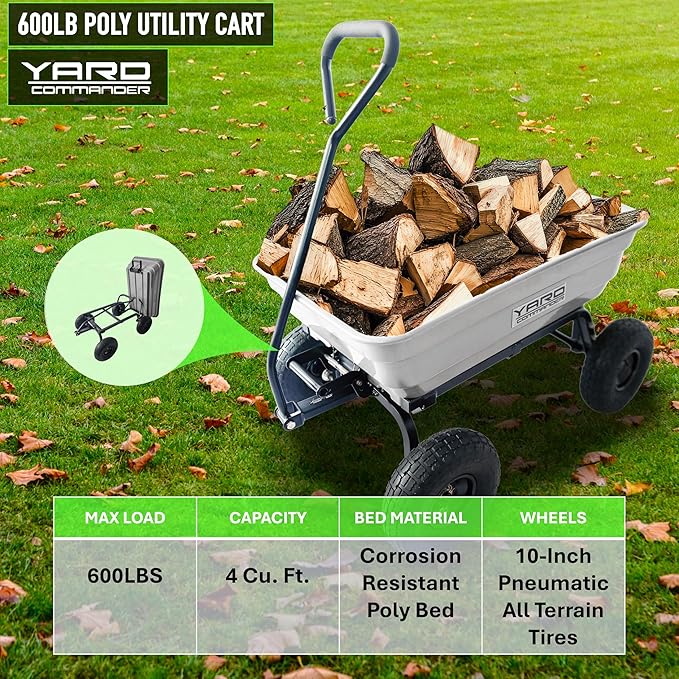 Yard Commander - 4 Cu.Ft. 600LB Poly Garden Cart Dump Wagon, Heavy Duty 4 Wheel Wheelbarrow, Quick Release 45 Degree Dumping, Yard Cart Dump Wagon with 10in All Terrain Wheels, Steel Frame