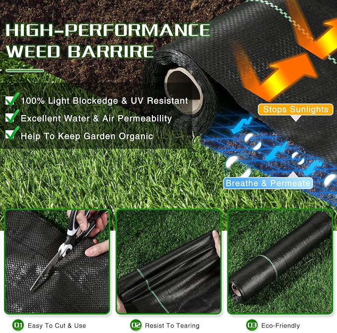 Weed Barrier Landscape Fabric Heavy Duty, 1.3FT x 100FT Thicken Garden Fabric Weed Mats, Weed Control Garden Cloth, Woven Geotextile Fabric for Garden Beds, Underlayment, Commercial Driveway