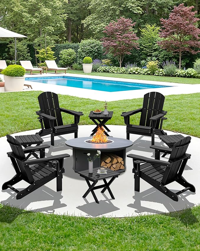 SERWALL Portable Folding Adirondack Table, HDPE Material Outdoor End Table, No Assembly Required, Weather-Resistant, 110 lbs Capacity, Small Table for Indoor and Outdoor uses, Black