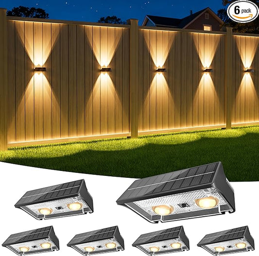 NIORSUN Solar Fence Lights Outdoor, 6 Pack Up and Down Waterproof Solar Wall Lights, Warm & Cool White + RGB, Fence Lights with Lens, Dusk to Dawn Lighting for Patio, Backyard, Pool, Railing (Black)