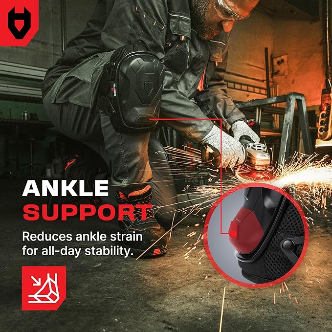 NoCry Professional Construction Knee Pads for Men and Women with Non-Slip Heavy Duty Cap and Ankle Support — Thick Foam and Gel Cushioning — Reinforced, Adjustable Straps and Military Grade Rivets