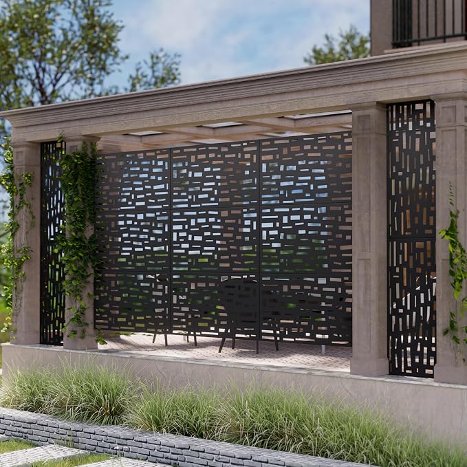 Casaphoria Metal Privacy Screen Outdoor, 72" H x 47" W Freestanding Decorative Privacy Screen for Patio Deck Balcony Garden with Stable Base, Black-Gerald